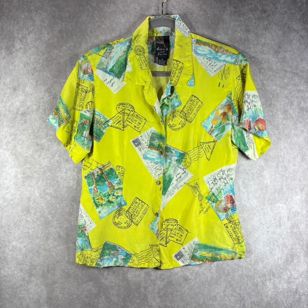 Dana B. and Karen Shirt Womens 4 Yellow Postcard Hawaii Waikiki Silk Top Artsy